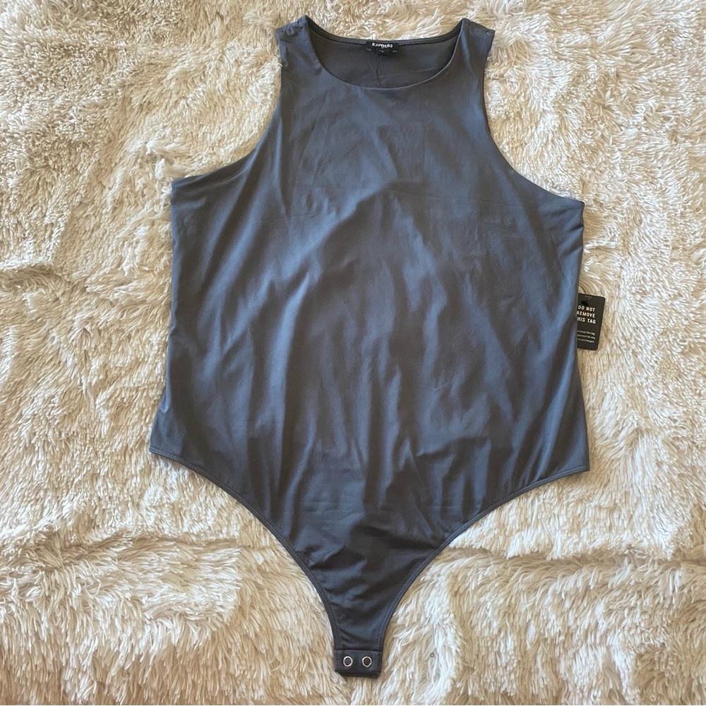 Express Gray Slive Silky High Neck Thong Sleeveless Women's Bodycon Bodysuit - Picture 7 of 10